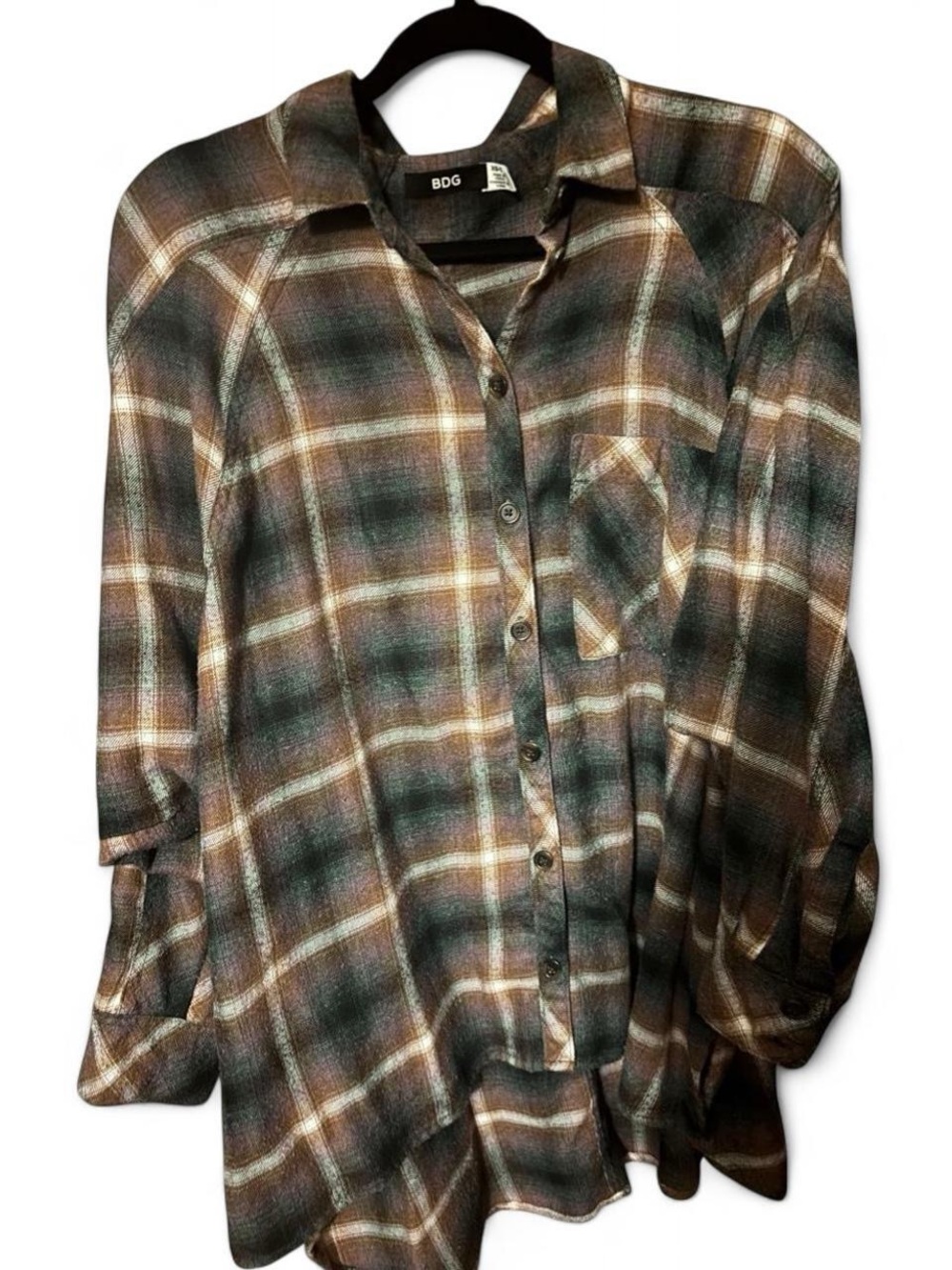 BDG Plaid Button-Down Shirt in Green, Brown & Cream